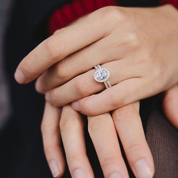 18K Yellow Gold .925 Sterling Silver and Diamond Cubic Zirconia Wedding Band Set - Picture 5 of 7